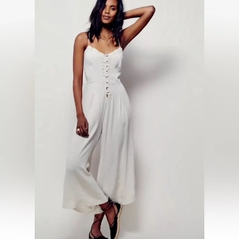 🤍NEW FREE PEOPLE EILEEN CREPE WIDE LEG LACE JUMPSUIT 8